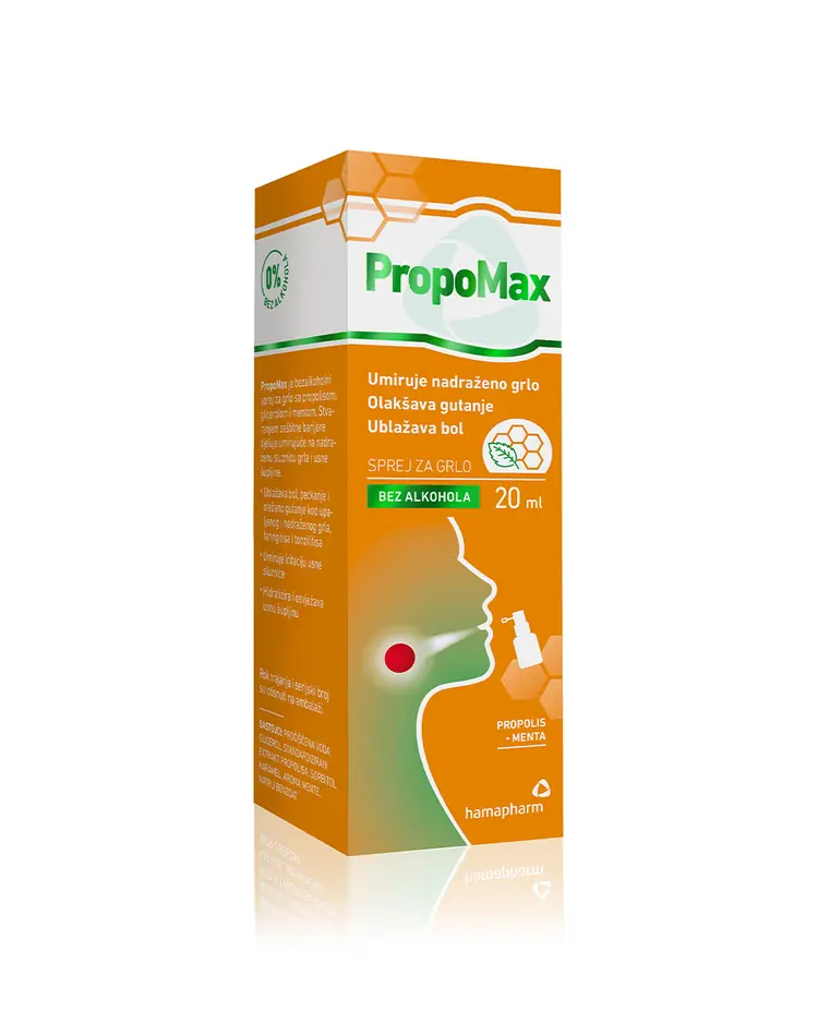 Propomax sprej za grlo, umiruje nadraženo grlo, olakšava gutanje i ublažava bol, 20 ml