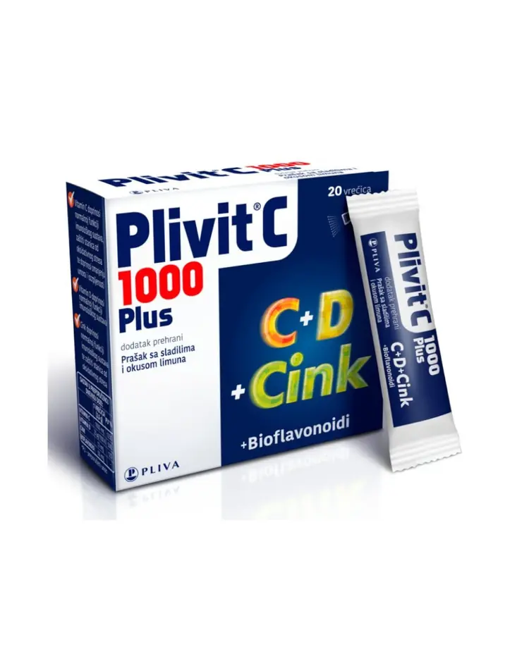 Plivit C dodatak prehrani u obliku praška, C i D vitamin i cink. 20 vrećica