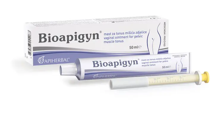Bioapigyn mast za tonus mišića zdjelice 50ml Aluminijska tuba s 50 mL masti, vaginalni aplikator i uputa za uporabu
