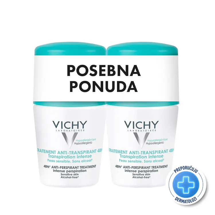 Vichy Déodorant Roll-on protiv prekomjernog znojenja do 48h, 2x50 ml - PROMO