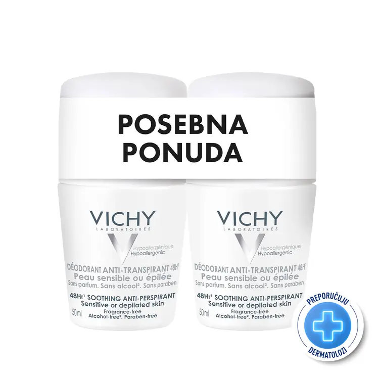Vichy Déodorant Roll-on za regulaciju znojenja za osjetljivu i depiliranu kožu, 2x50 ml