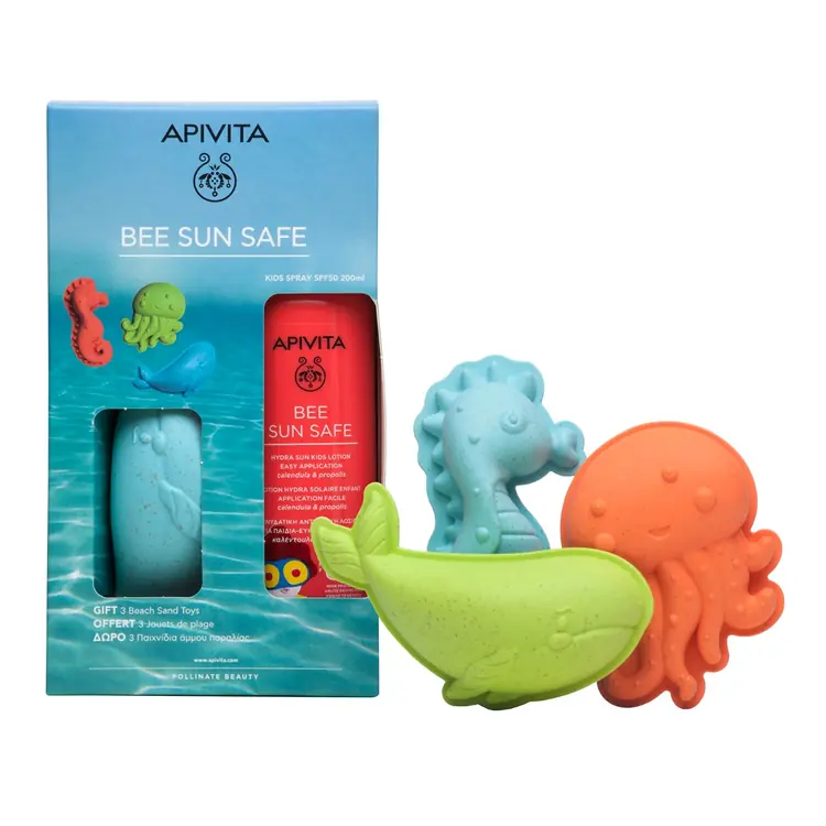 Apivita Bee sun Safe poklon set za djecu (Sprej SPF50 za djecu  + 3 igračke za plažu) 200ml