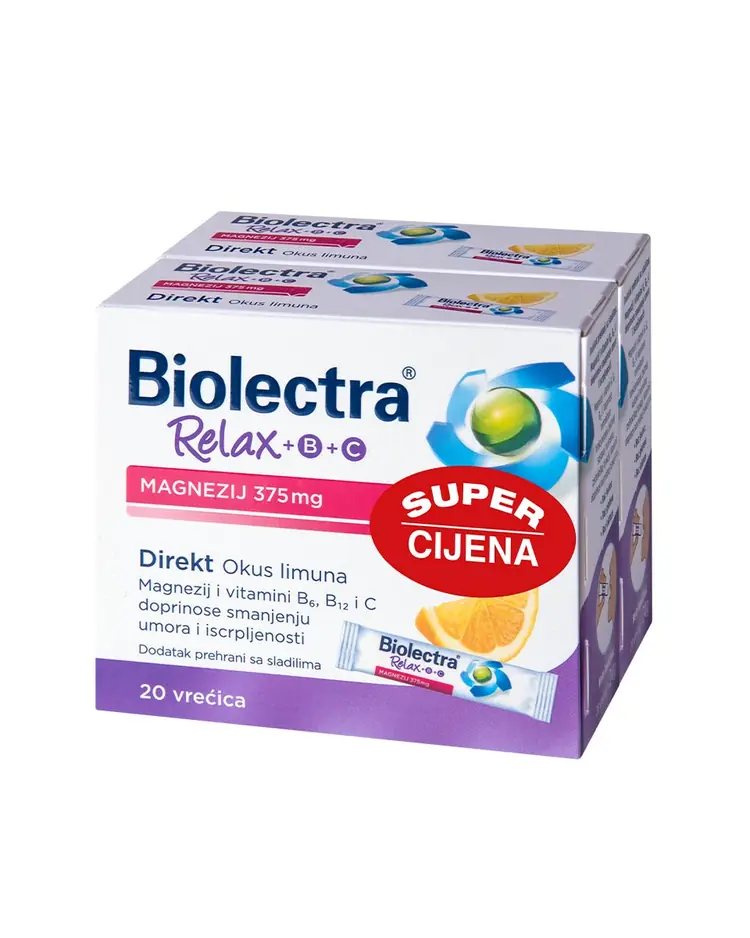 Biolectra Relax Magnezij 375 mg + B + C Direkt  s okusom limuna, 20 vrećica