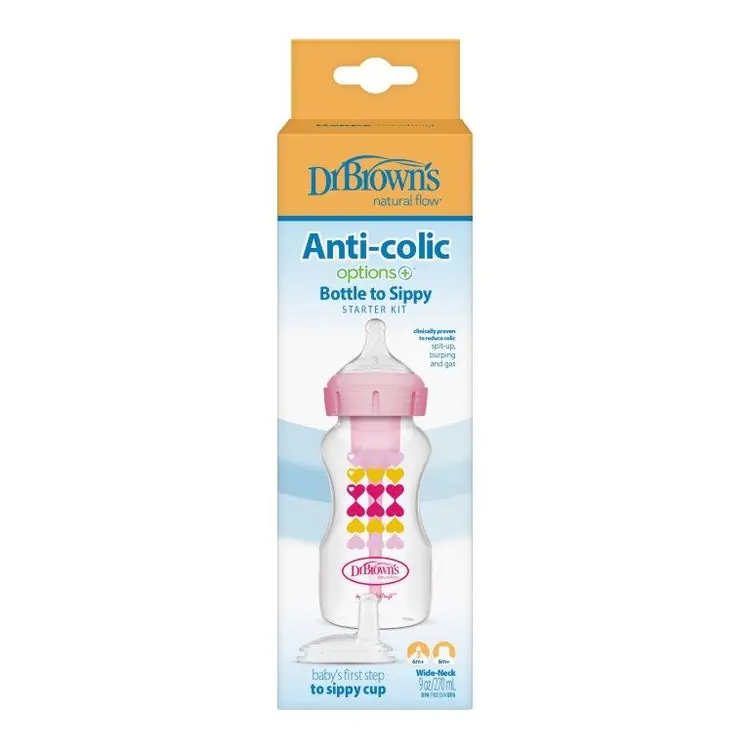 Dr. Brown's Options + Anti Colic to Sippy bočica Starter kit široko grlo, 270 ml ROZA SRCA