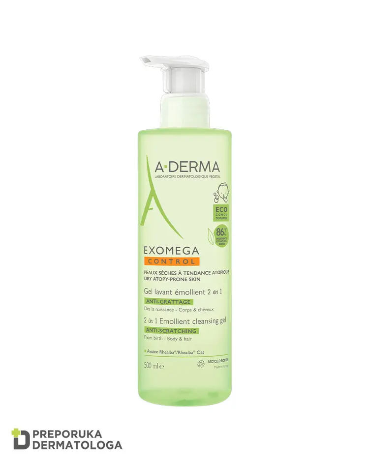 A-Derma Exomega Control emolijentni gel za čišćenje 2u1, za tijelo i kosu, 500 ml