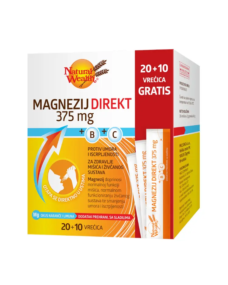 Natural Wealth Magnezij Direkt 375 mg + B + C PROMO, 20 + 10 vrećica