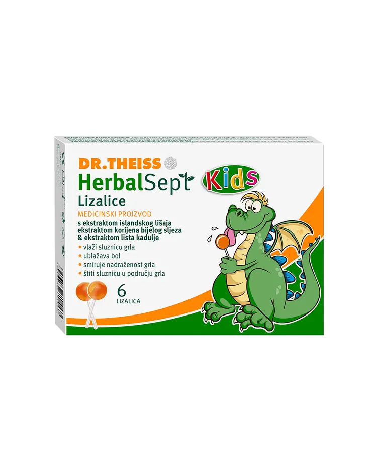HerbalSept Kids lizalice 6 lizalica za zaštitu sluznice grla, umirivanje nadražaja i ublažavanje boli