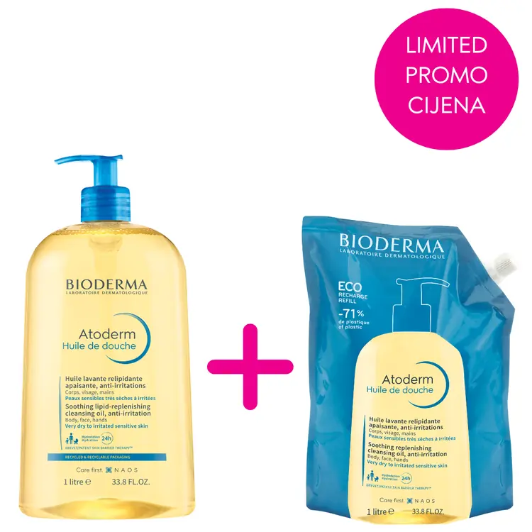 Bioderma Atoderm Huile de douche, 1000 ml + refill 1000 ml