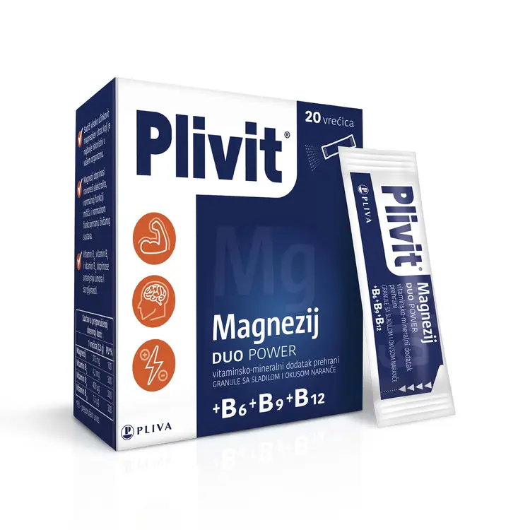 Plivit Magnezij Duo Power, citrat u 20 vrećica sa dodatkom vitamina B skupine za olakšavanje umora i iscrpljenosti