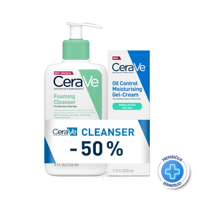 CeraVe Pjenušavi gel za čišćenje, 236 ml + Hidratantna gel krema za masnu kožu, 52 ml PROMO
