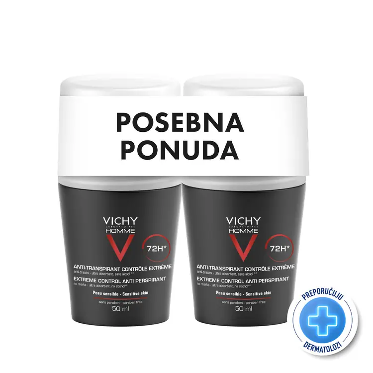 Vichy Homme Dezodorans roll-on 72 h,  2x50 ml  - PROMO