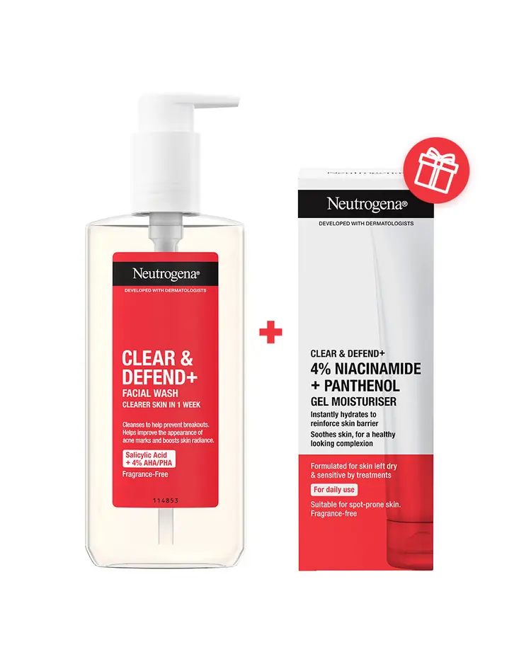 Neutrogena Clear & Defend+ kupka za čišćenje lica, 200 ml + Clear & Defend+ hidratantna gel krema, 50 ml GRATIS