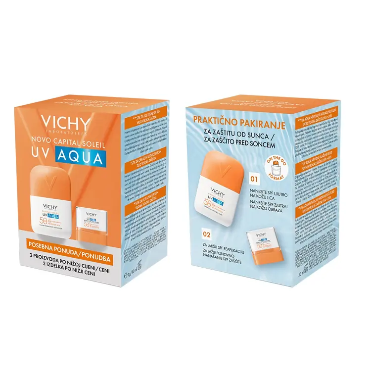 Vichy Capital Soleil UV AQUA NEVIDLJIVI HIDRACIJSKI FLUID SPF50 i UV AQUA STIK ZA LICE I USNE SPF 50+ Posebna ponuda, 50 ml + 10 ml