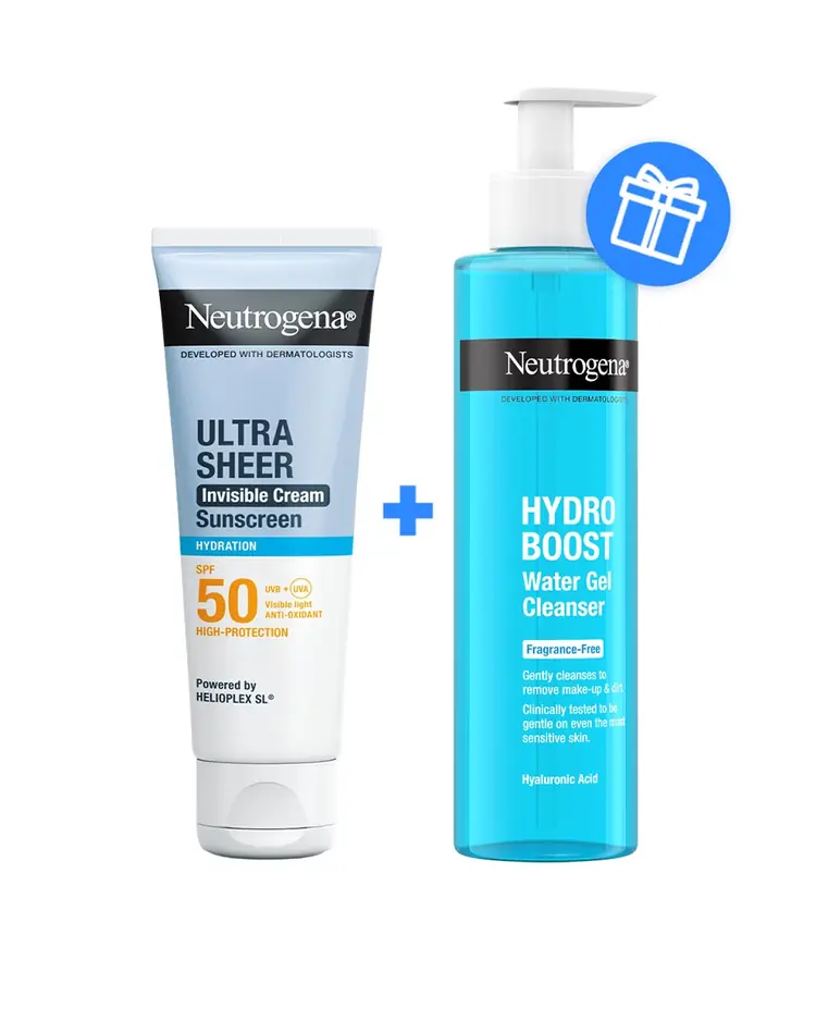 Neutrogena® Ultra Sheer Invisible hidratantna krema SPF50 +  Hydro Boost vodeni gel za čišćenje lica GRATIS, 50 ml + 200 ml
