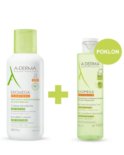 A-Derma Exomega Control emolijentna krema, 400 ml + GRATIS A-Derma Exomega Control emolijentni gel 2U1, 200 ml