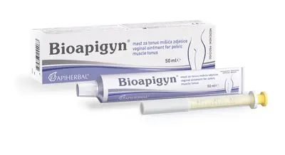 Bioapigyn mast za tonus mišića zdjelice 50ml Aluminijska tuba s 50 mL masti, vaginalni aplikator i uputa za uporabu