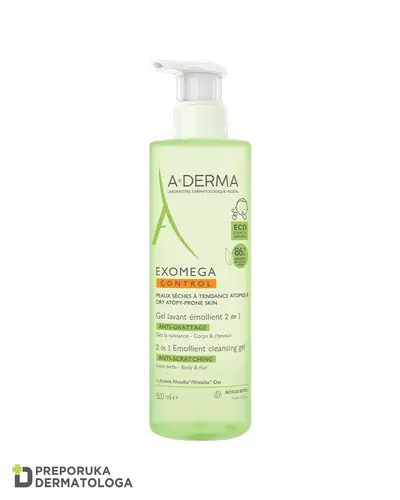 A-Derma Exomega Control emolijentni gel za čišćenje 2u1, za tijelo i kosu, 500 ml