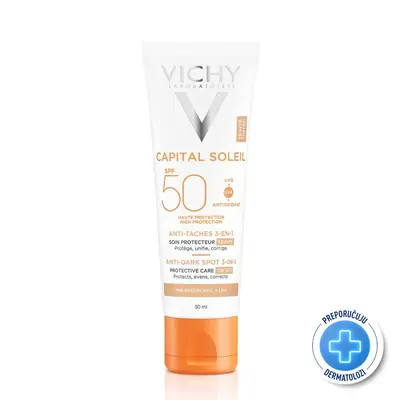Vichy Capital Soleil Obojena zaštitna krema 3 u 1  protiv tamnih mrlja SPF50 50 ml