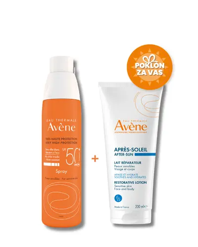 Eau Thermale Avène Sprej SPF 50+ i Eau Thermale Avène Obnavljajući kremasti losion nakon sunčanja, 200 ml PROMO