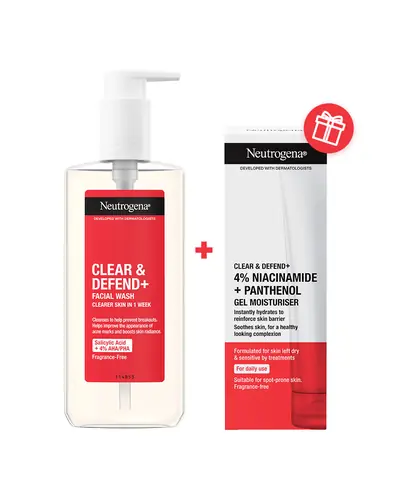 Neutrogena Clear & Defend+ kupka za čišćenje lica, 200 ml + Clear & Defend+ hidratantna gel krema, 50 ml GRATIS