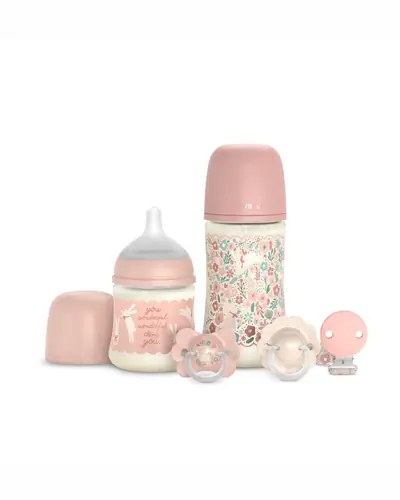 Suavinex Mini poklon set bočica i duda za novorođenčad Wonderland, rozi 1 set