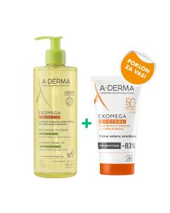 A-Derma Exomega Control emolijentno ulje za tuširanje, 500 ml + Exomega Control SPF 50+, 150 ml PROMO