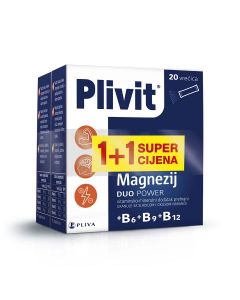 Plivit Magnezij Duo Power, citrat u 20 vrećica sa dodatkom vitamina B skupine za olakšavanje umora i iscrpljenosti,  1+1 gratis