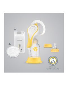 Harmony™ Essential Pack  Ručna izdajalica, PersonalFit Flex™ štitnik, vel. M (24 mm), bočica 150 ml s poklopcem, stalak za bočicu, silikonski sisač S veličine, 4 jednokratna jastučića za dojke, 4 vrečice za pohranu majčinog mlijeka, uputstva za upotrebu